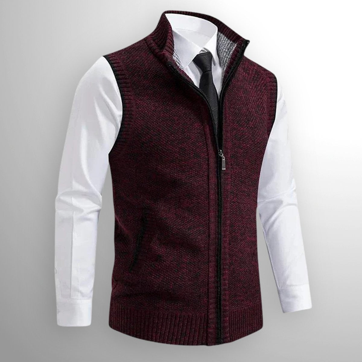 Burgundy knitted sleeveless cardigan with stand-up collar and zip front