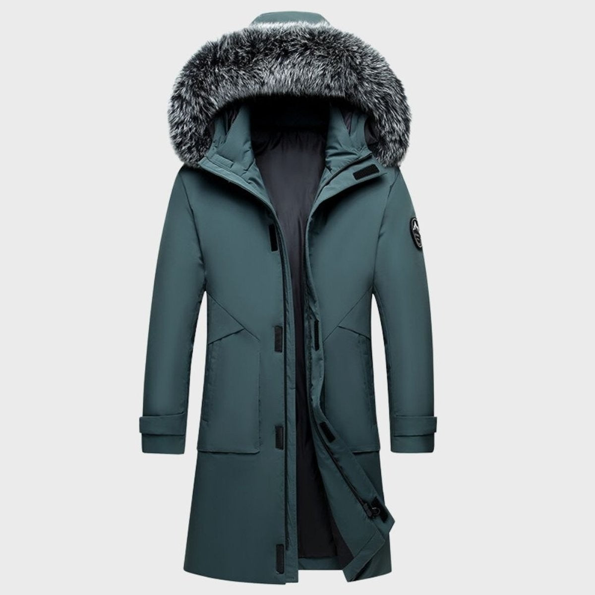 Teal long parka with faux-fur trimmed hood and zip fastening