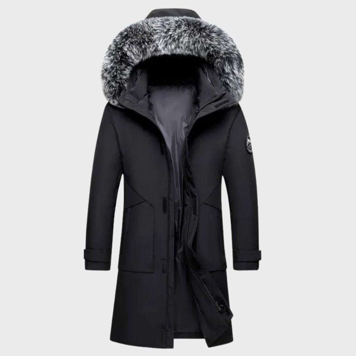 Black hooded parka featuring faux-fur collar and quilted lining