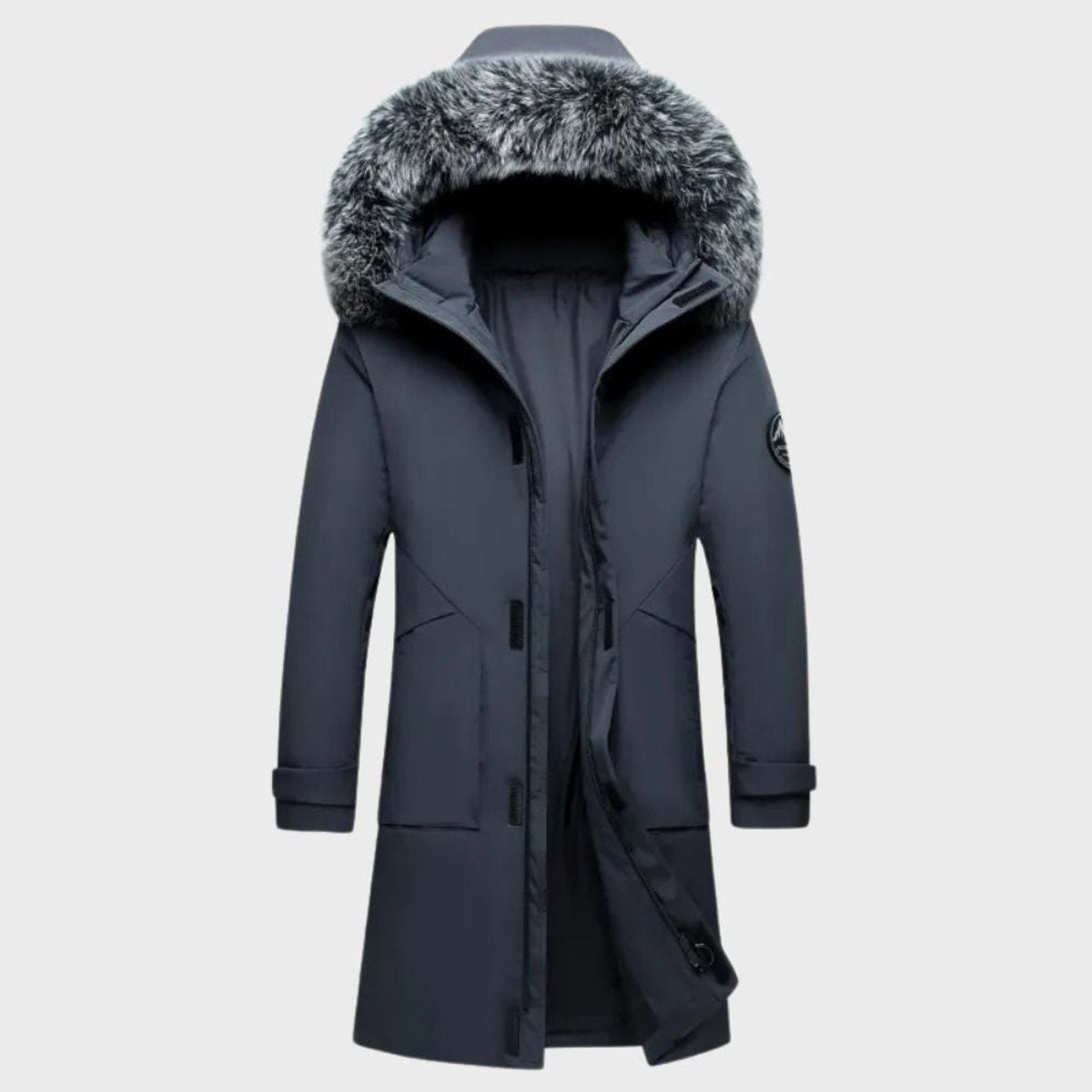Grey long-line parka with faux-fur hood and zip pockets