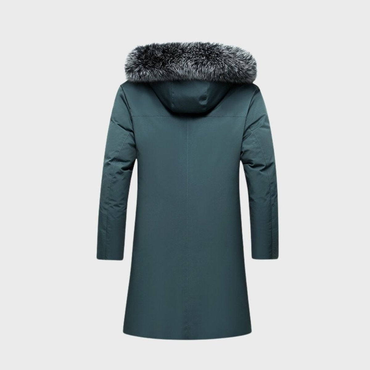 Rear view of teal parka showing faux-fur hood and long hem