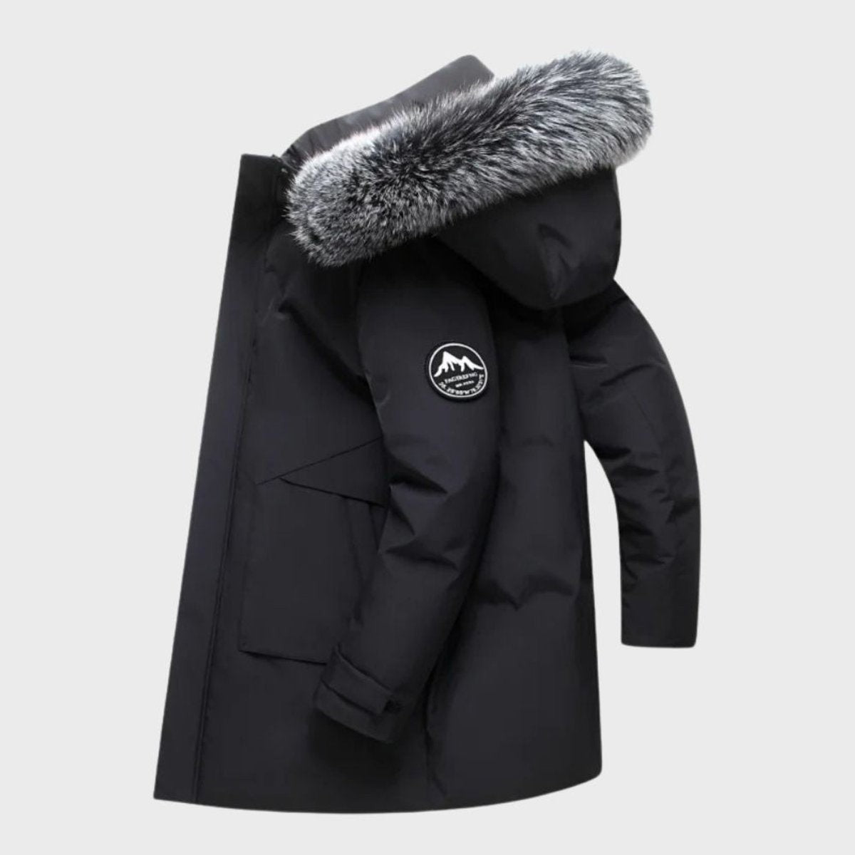 Black padded parka displayed side-on with fluffy fur-trimmed hood