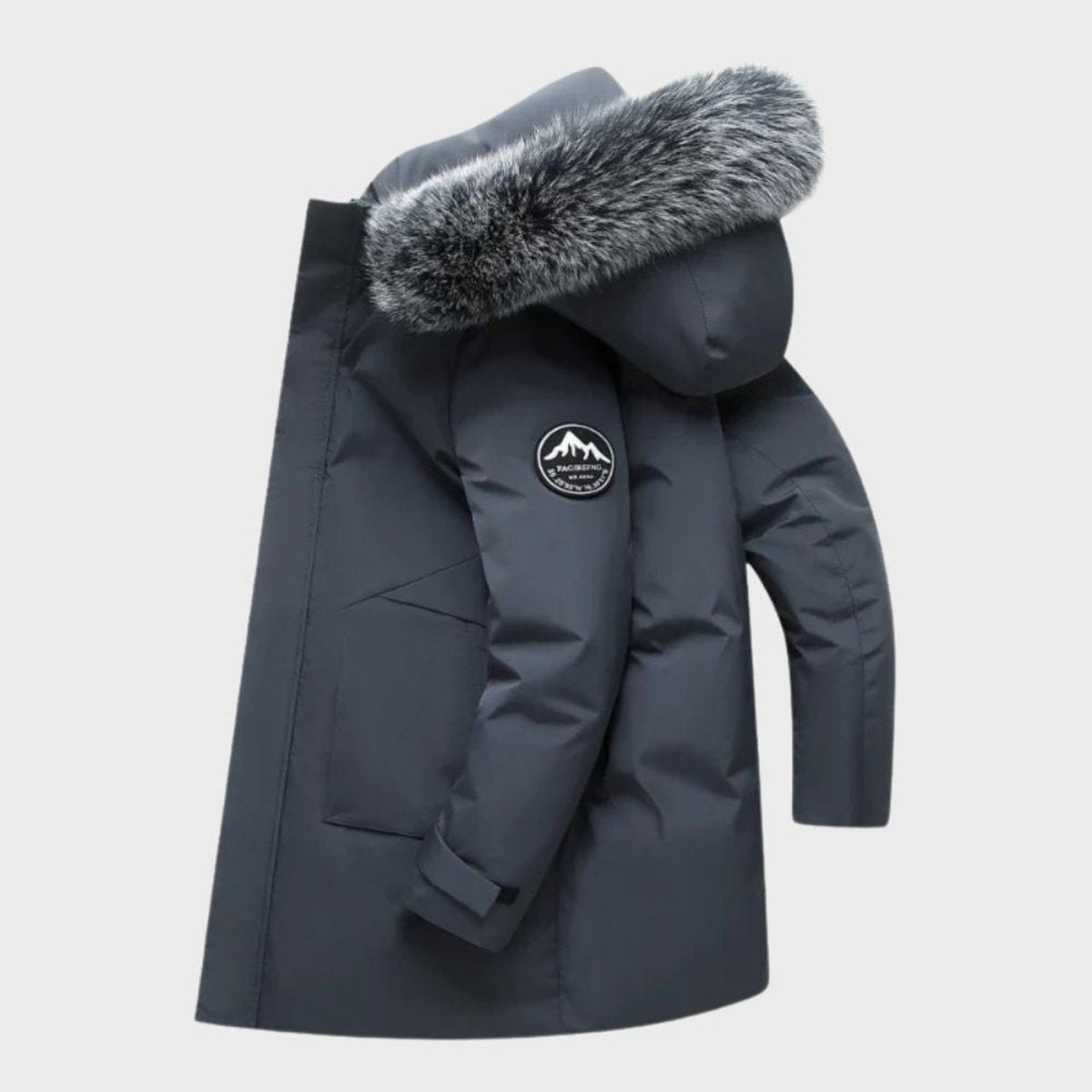 Charcoal grey winter parka shown at angle with fur-lined hood
