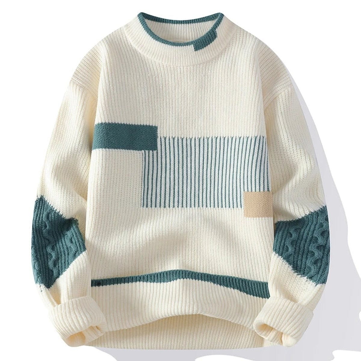 Cream knitted jumper with teal geometric patchwork and cable-knit sleeve panels