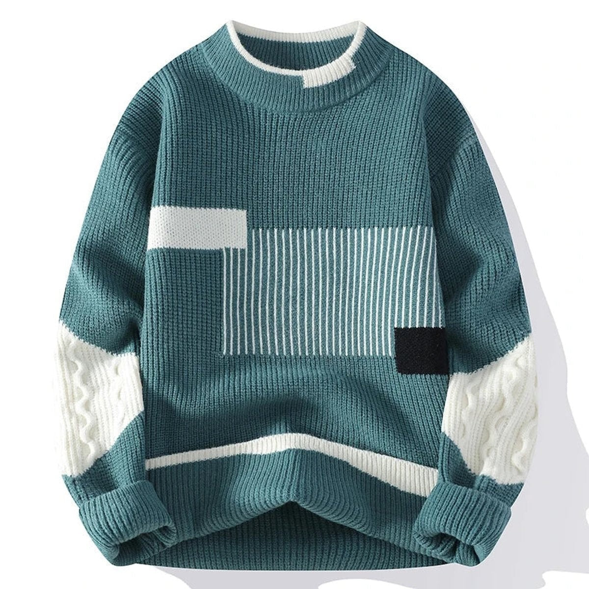 Teal cotton knit jumper featuring white geometric stripe patchwork design