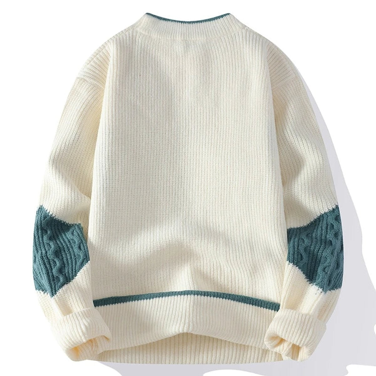 Rear view of cream knit jumper showing teal cable-knit elbow patches