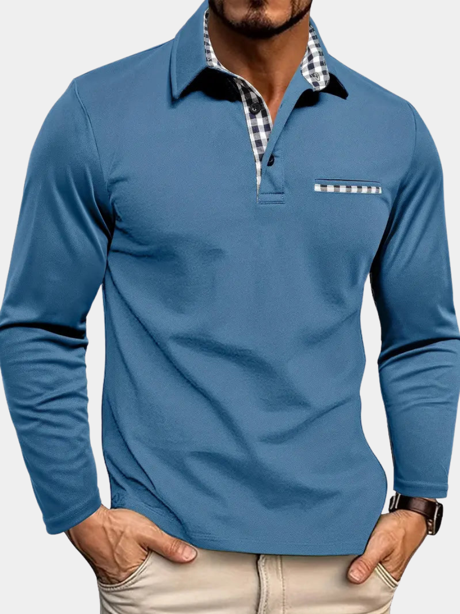Men's steel blue long-sleeve polo shirt with gingham trim and chest pocket