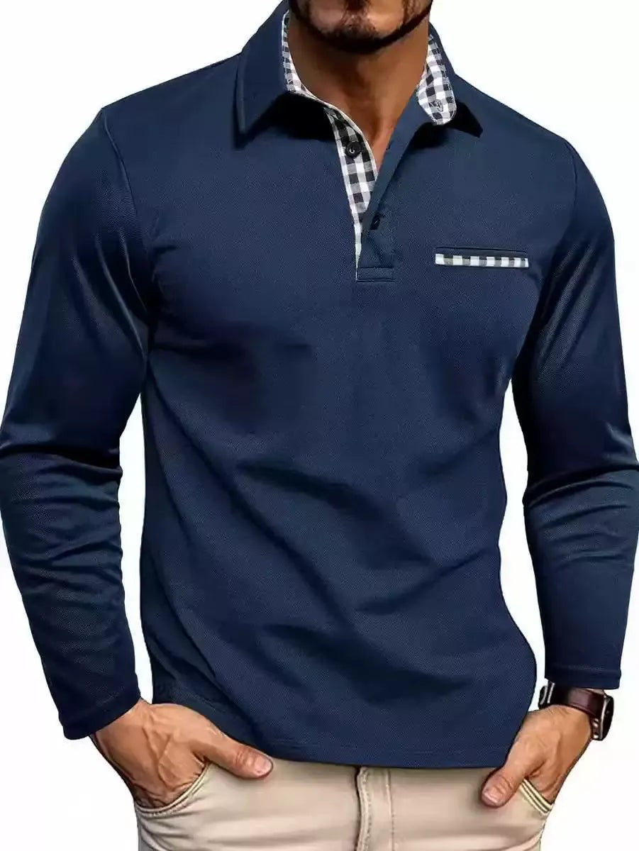 Navy long-sleeve polo shirt with gingham collar and pocket trim