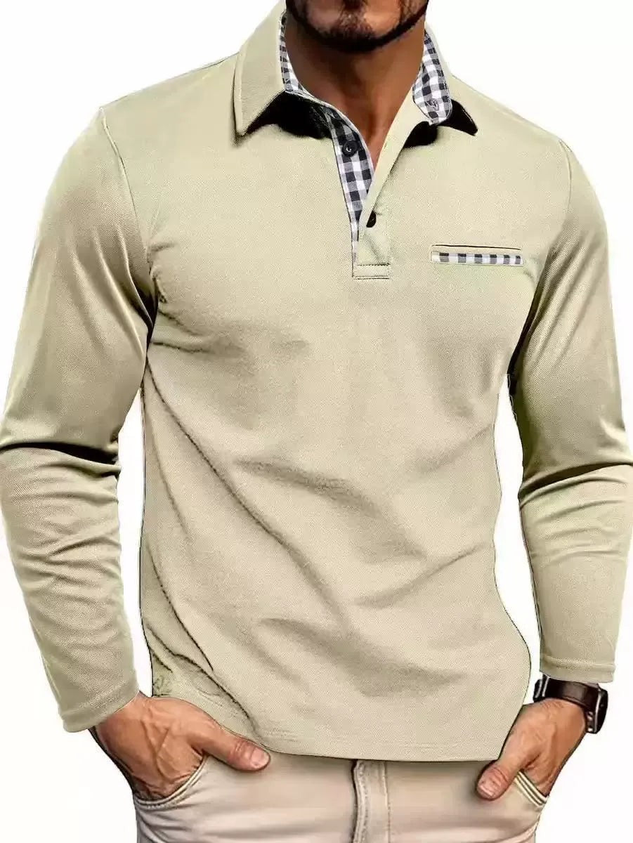 Beige long-sleeve men's polo shirt with checked collar accent