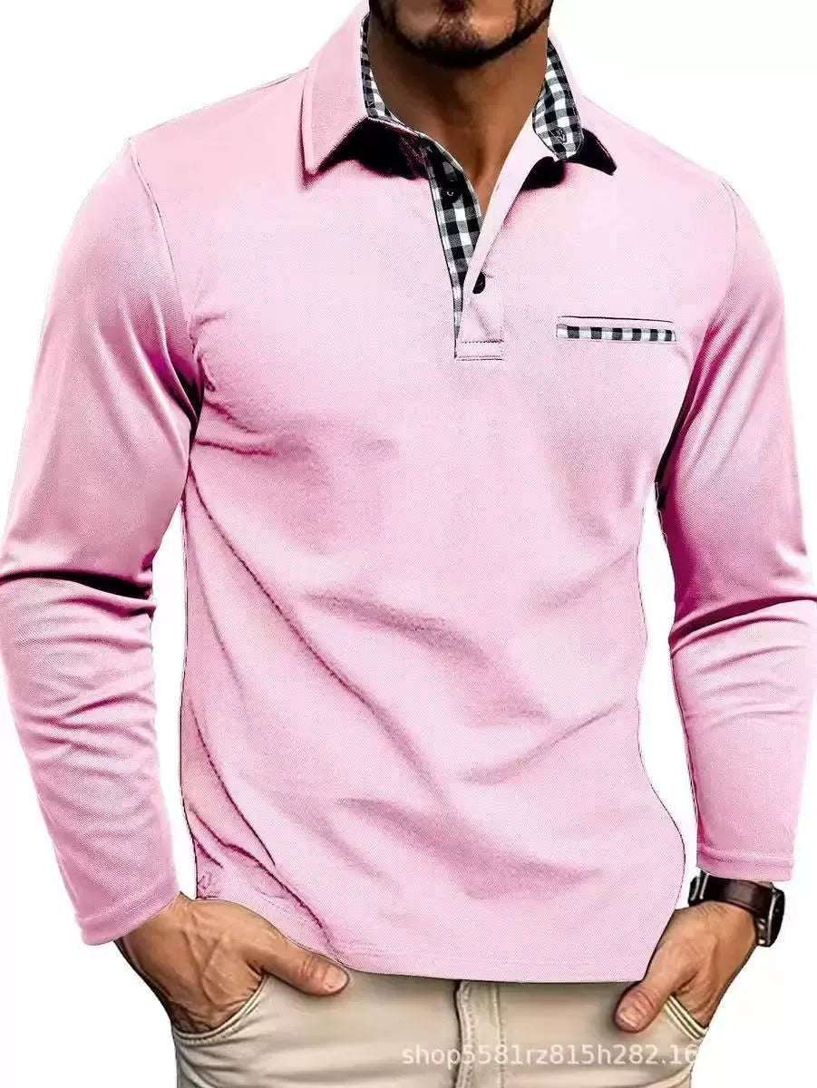 Pink long-sleeve polo shirt with contrast gingham placket for men