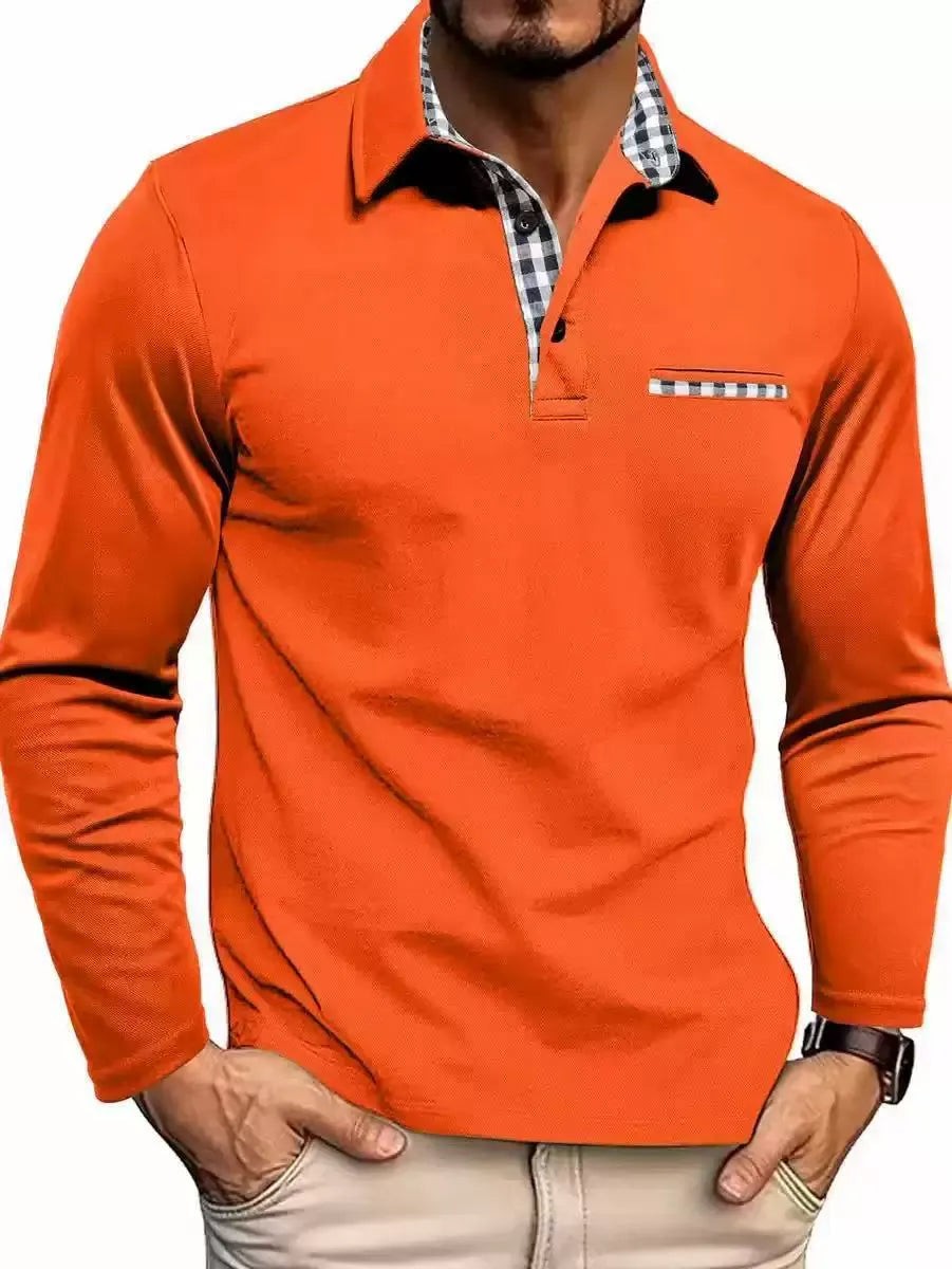 Orange long-sleeve men's polo shirt with checked collar and pocket trim