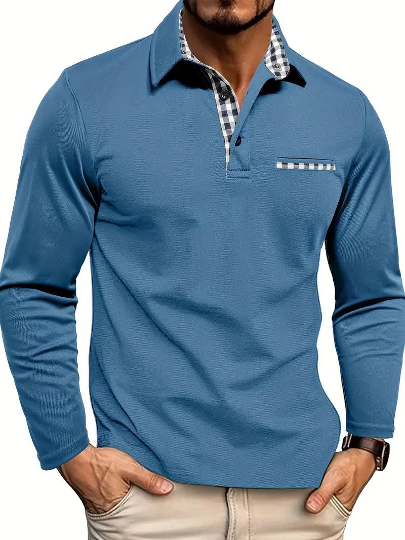 Steel blue long-sleeve polo top featuring checked placket and pocket detail