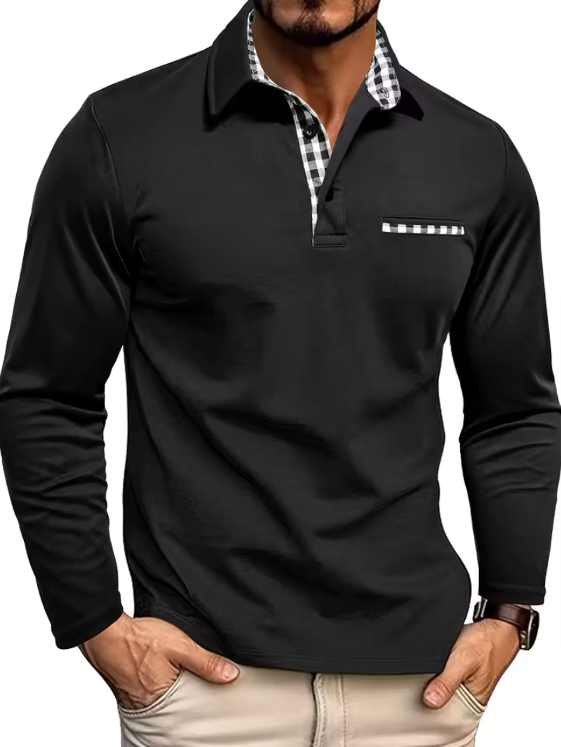 Black long-sleeve men's polo shirt with contrast gingham collar trim