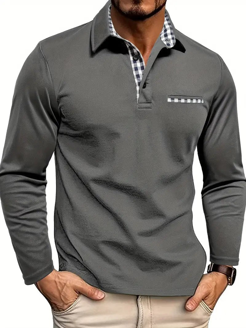 Charcoal grey long-sleeve polo shirt with checked collar and pocket accent
