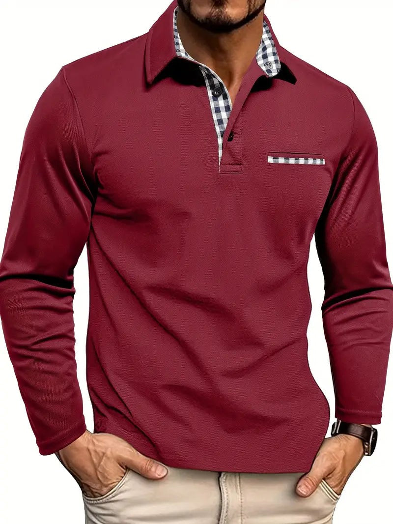 Burgundy long-sleeve men's polo shirt with gingham placket detailing
