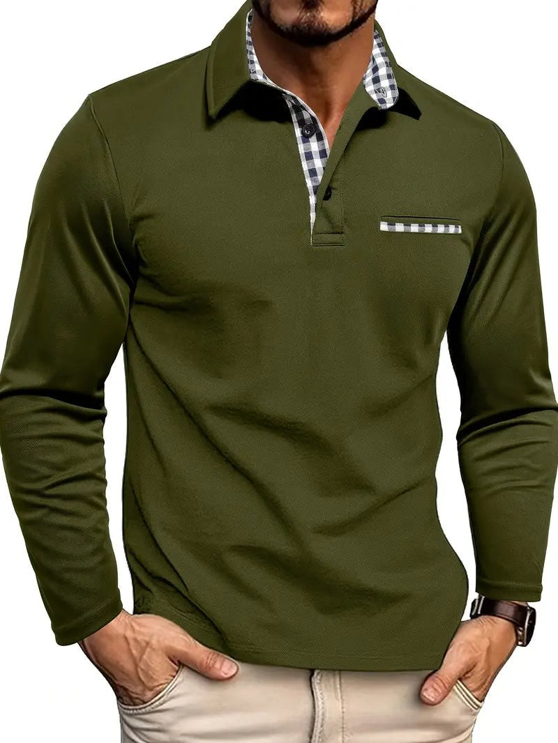 Olive green long-sleeve polo shirt with checked collar trim for men