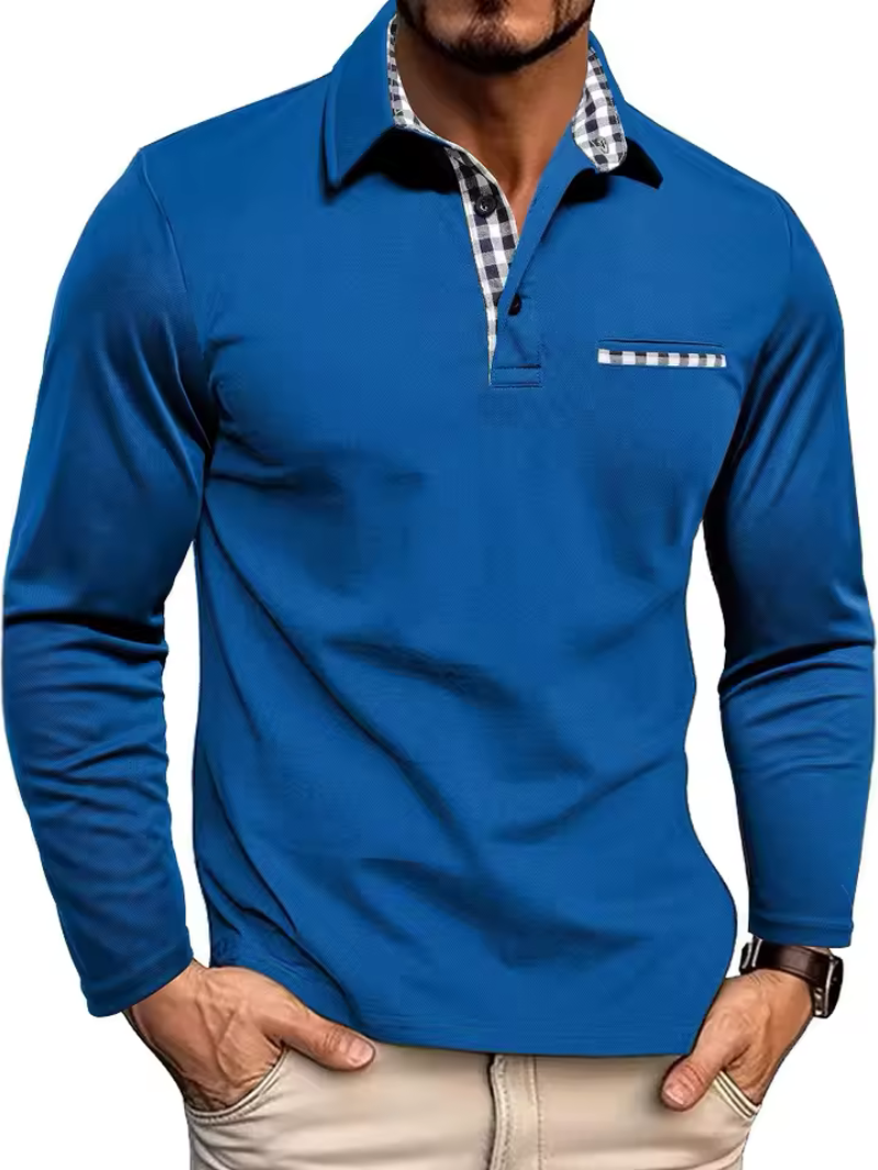 Cobalt blue long-sleeve men's polo shirt with contrast gingham detailing