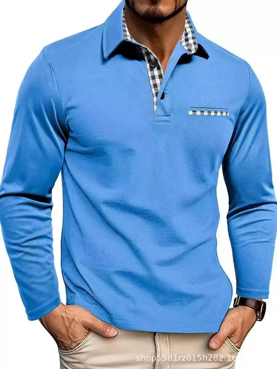 Sky blue long-sleeve polo shirt featuring plaid trim and chest pocket