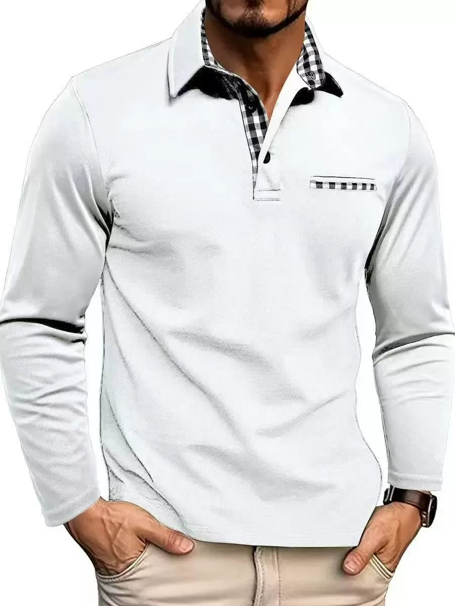 White long-sleeve men's polo shirt with black and white check trim