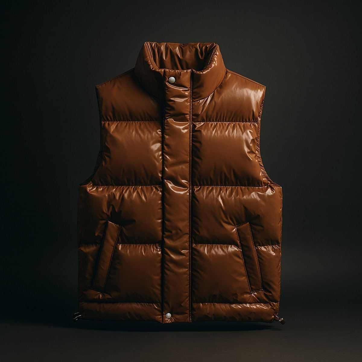 Tan glossy puffer vest with high collar and quilted panelling