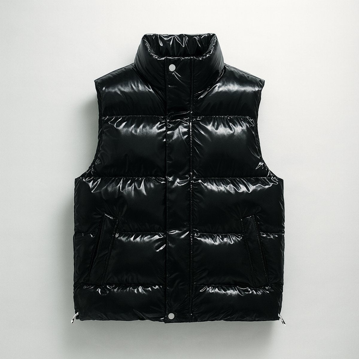 Black glossy quilted puffer vest with stand-up collar