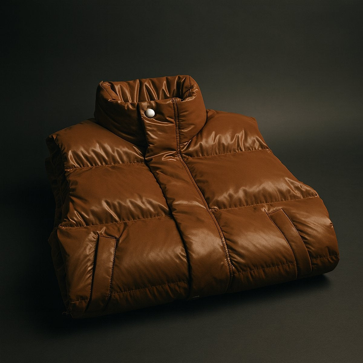 Folded tan puffer vest showing quilted panels and popper collar