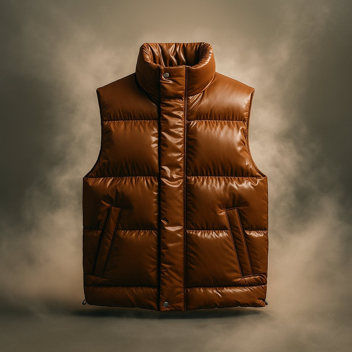 Tan puffer vest with high collar displayed against smoky backdrop