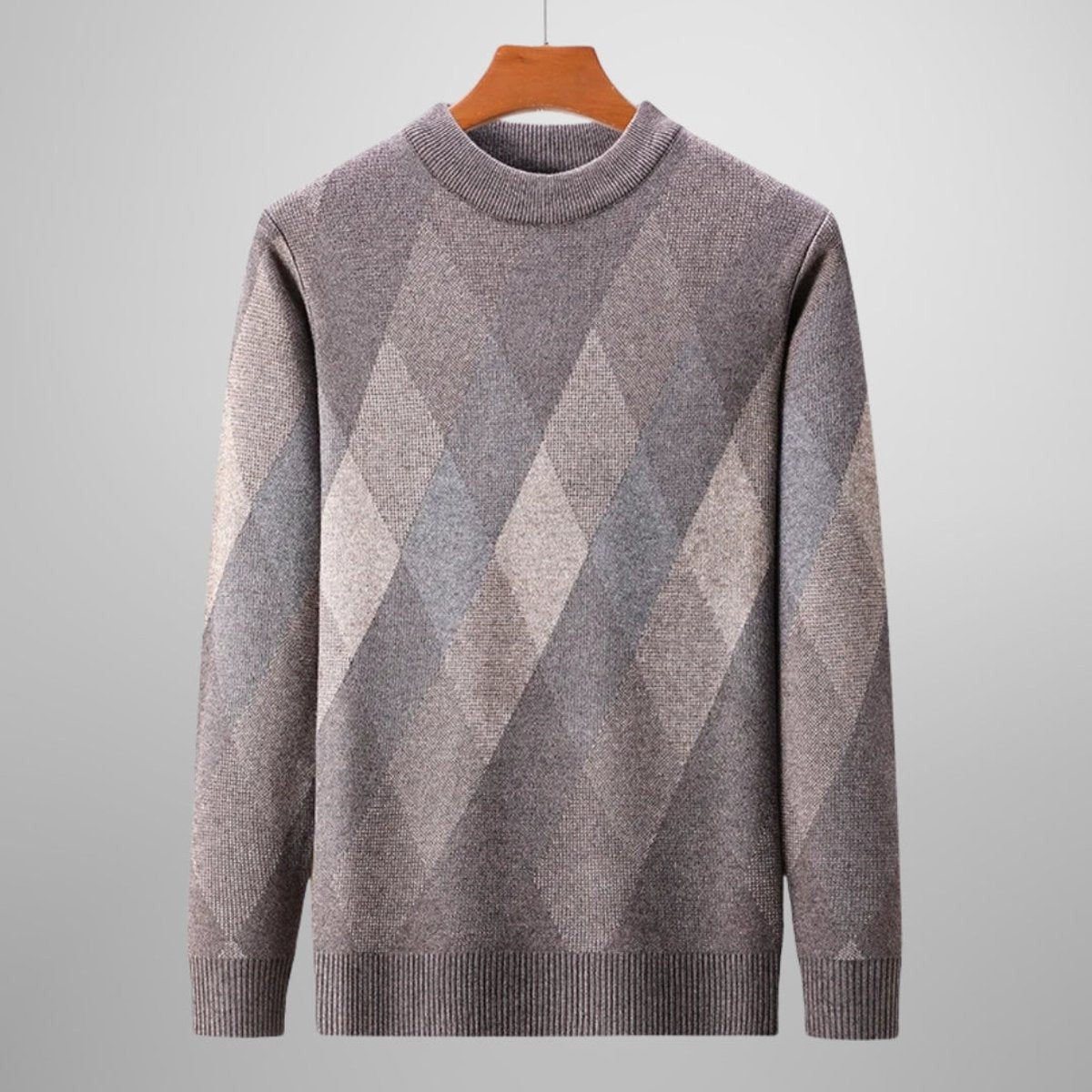 Men's mocha argyle knit jumper with mock neck on wooden hanger