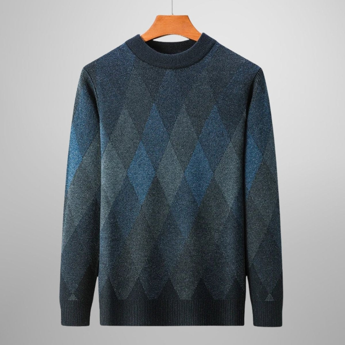 Teal and grey argyle knit pullover with ribbed round neckline