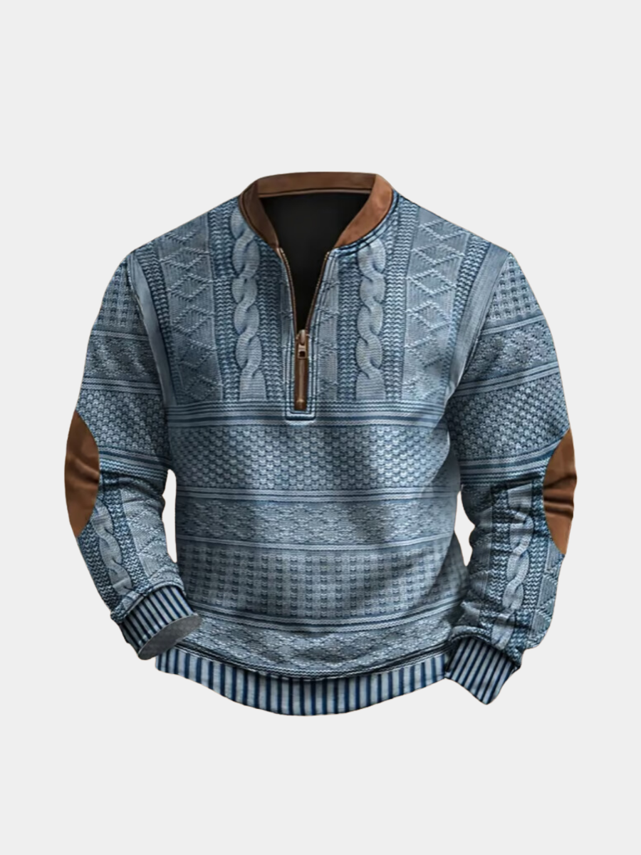 Blue cable-knit quarter-zip jumper with contrast suede elbow patches and collar