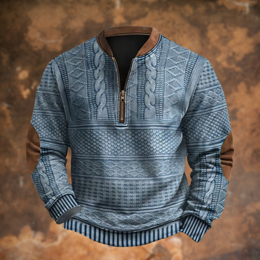 Blue textured knit jumper featuring brown suede trim and striped hem detail