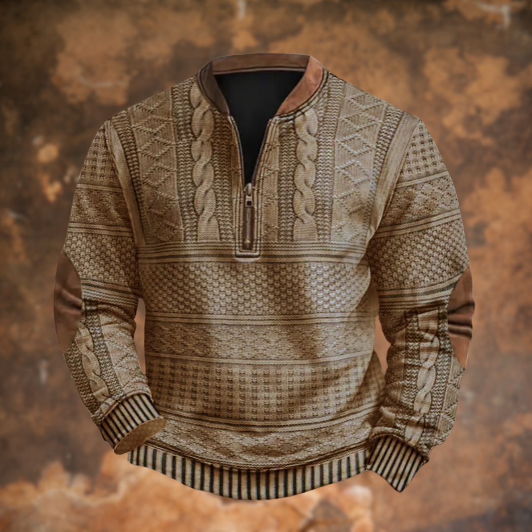 Beige knitted jumper with brown suede accents and striped cuff detailing
