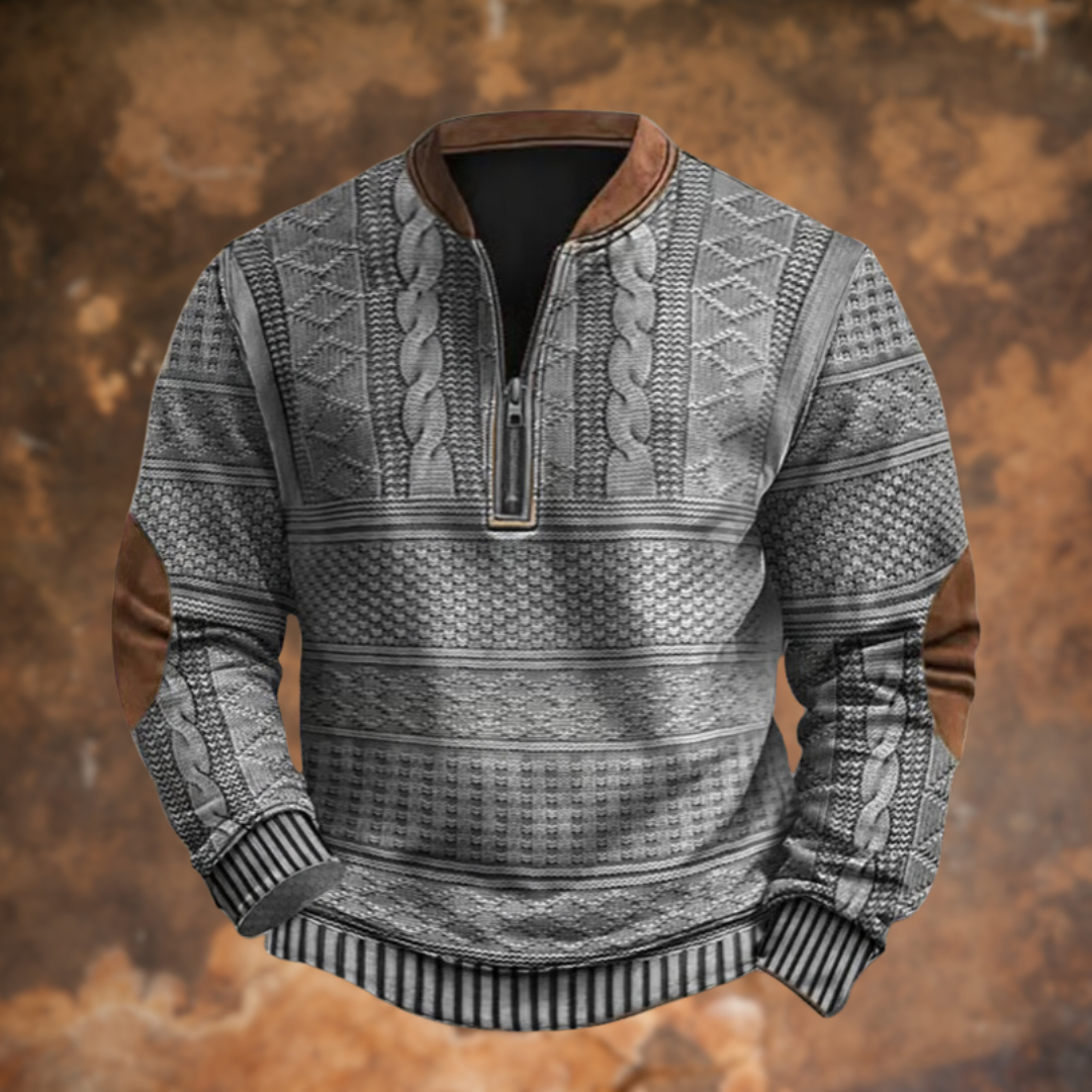 Grey textured knit jumper featuring suede collar and elbow patch detailing