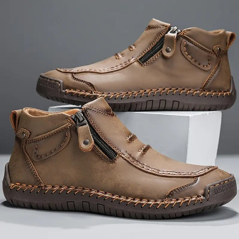 Khaki leather men's boots with zip front and rugged stitched sole