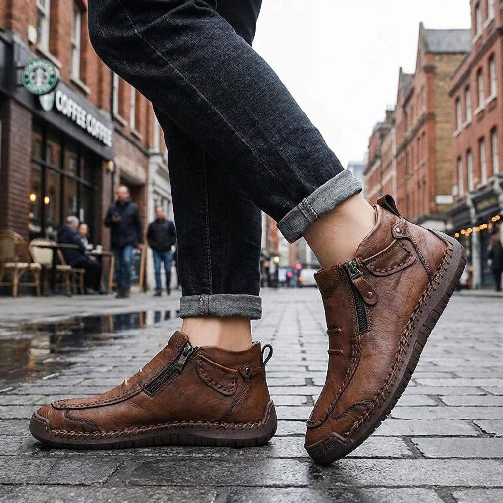 Man wearing brown leather zip-up ankle boots on a cobbled street
