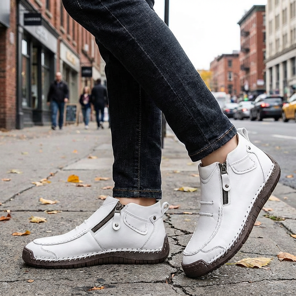 Man wearing white leather zip-up ankle boots on an urban pavement