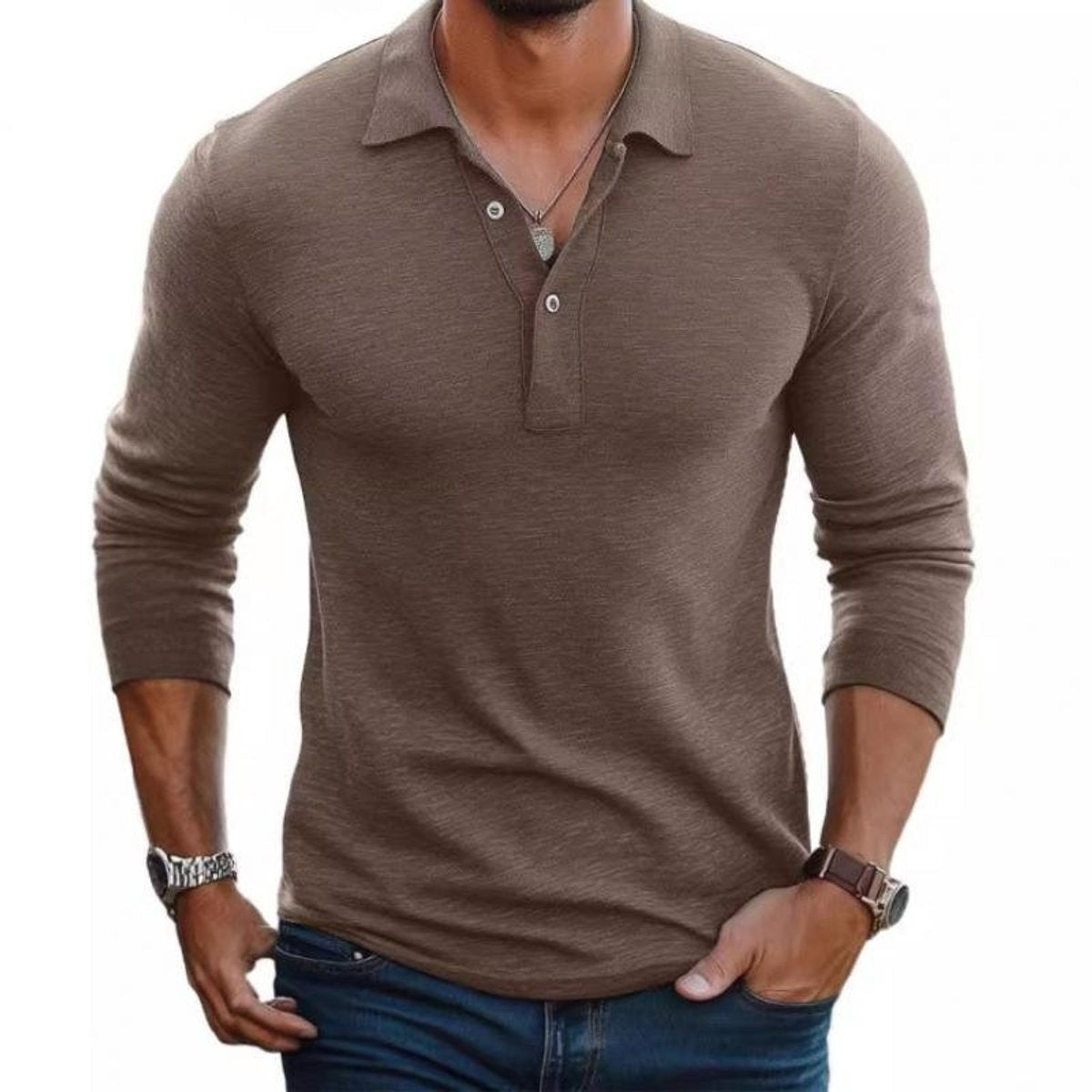 Men's brown long-sleeve Henley polo shirt with slim-fit knit texture