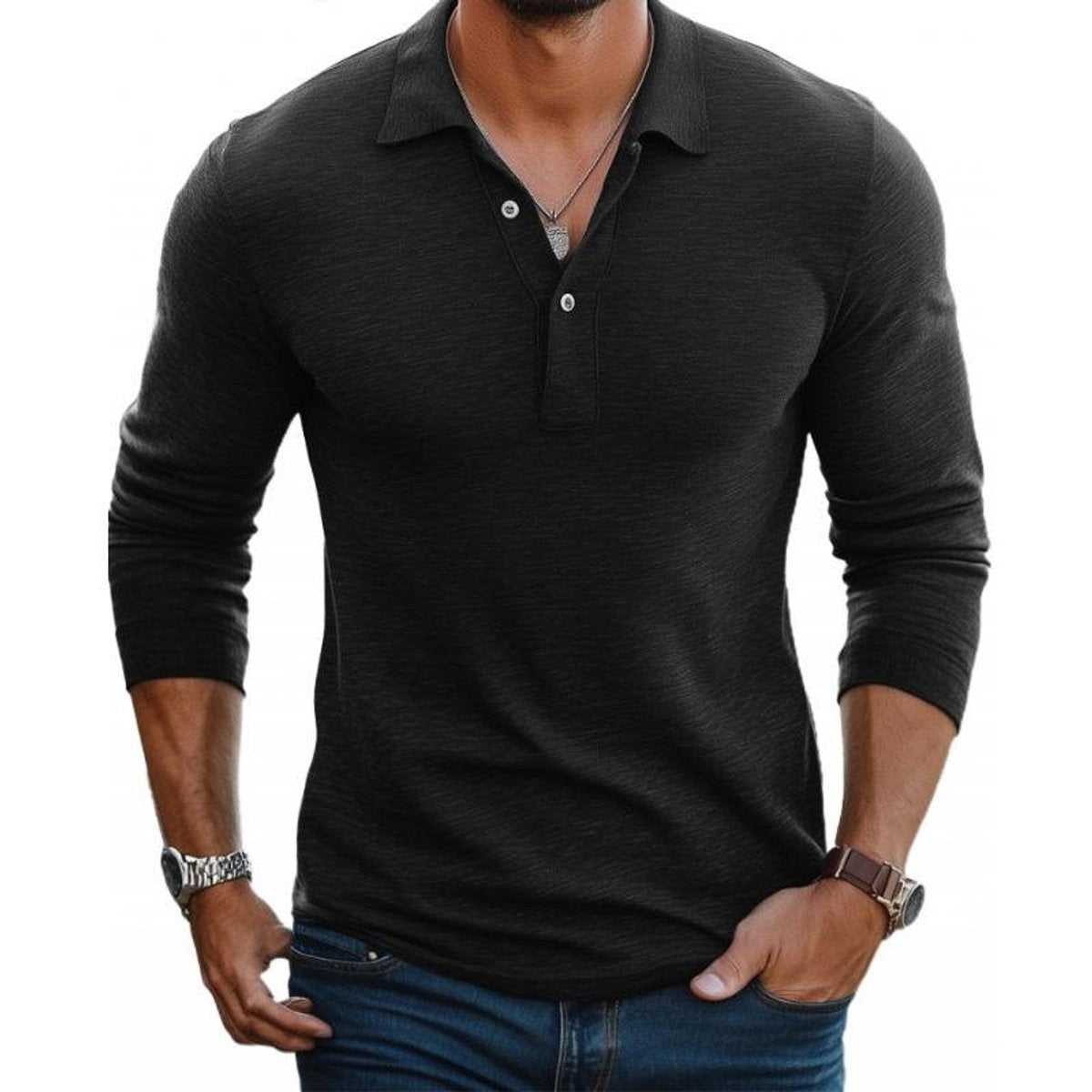 Black slim-fit Henley polo shirt with long sleeves and open collar