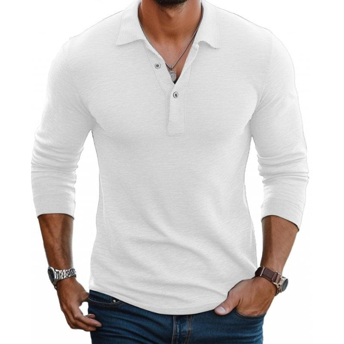 White long-sleeve Henley polo shirt with button placket and ribbed cuffs