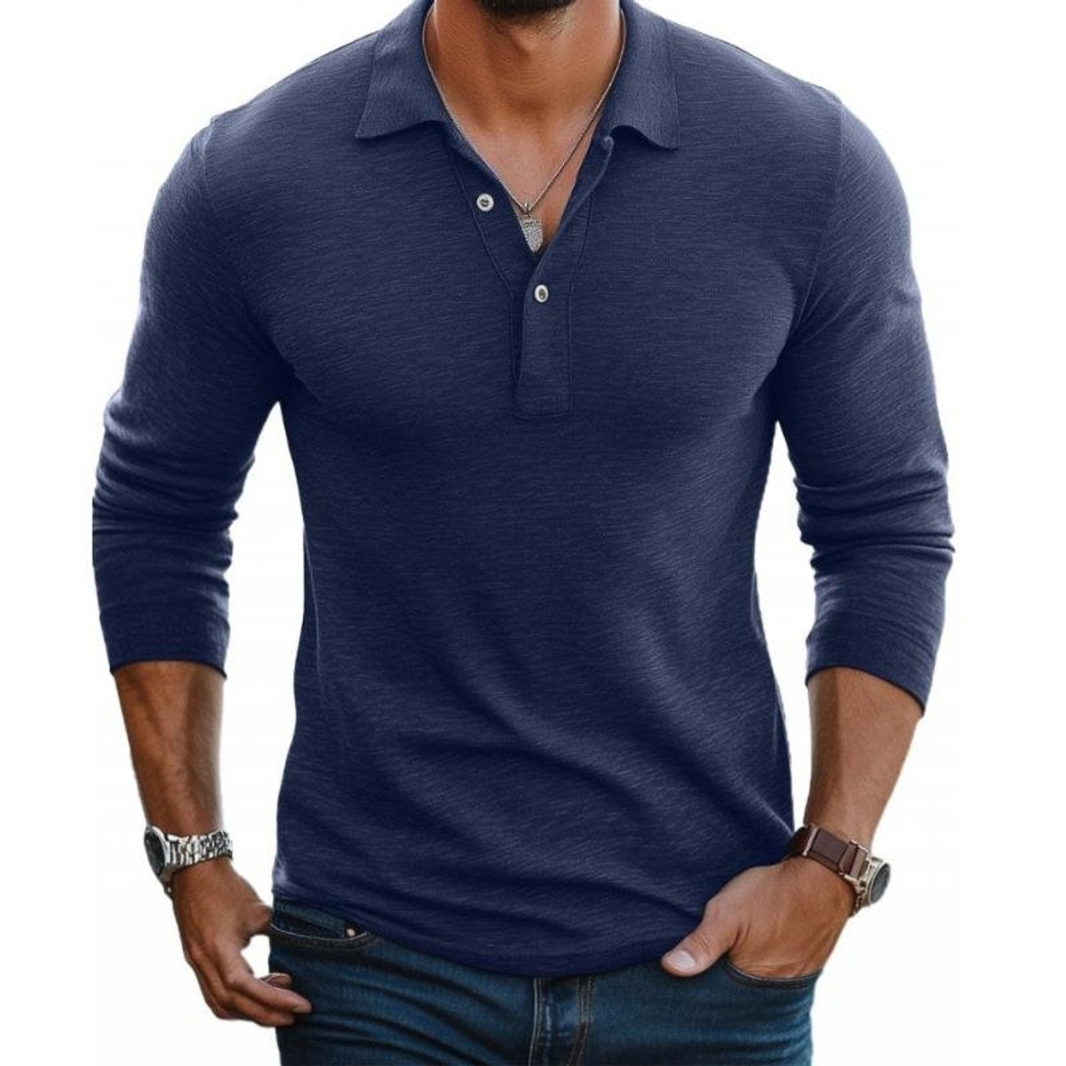 Navy slim-fit knit polo shirt with Henley button neckline