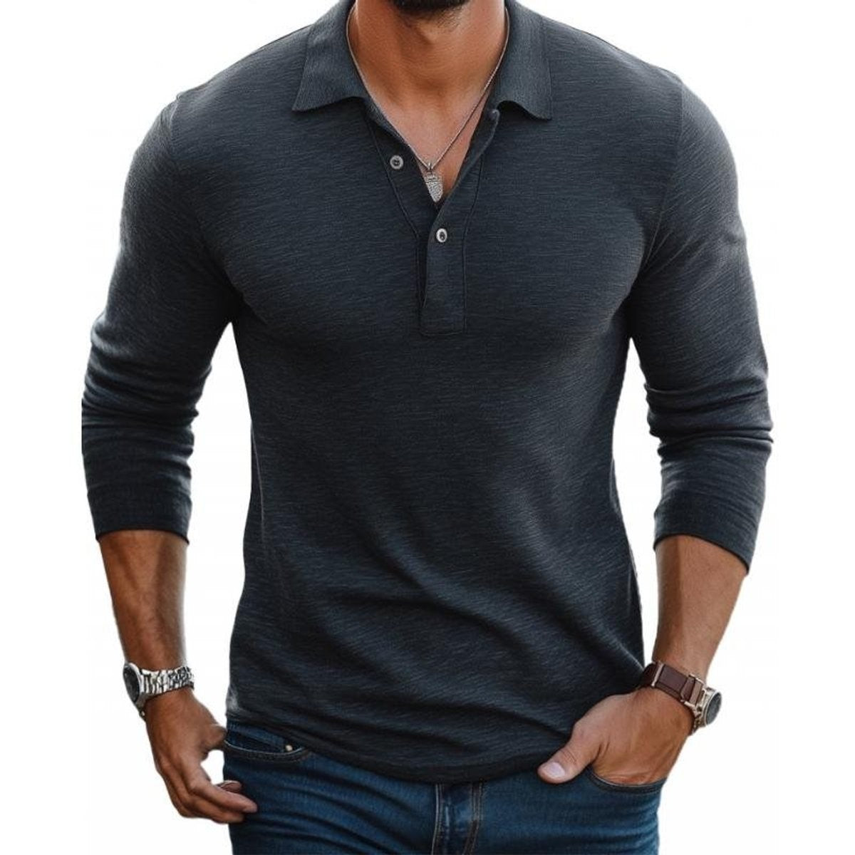 Charcoal grey long-sleeve Henley polo shirt with textured knit fabric