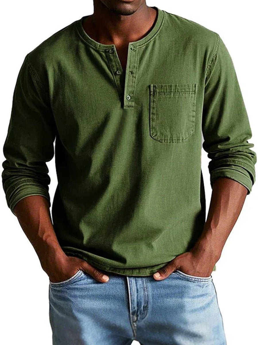 Olive green Henley top featuring round neck and stitched chest pocket