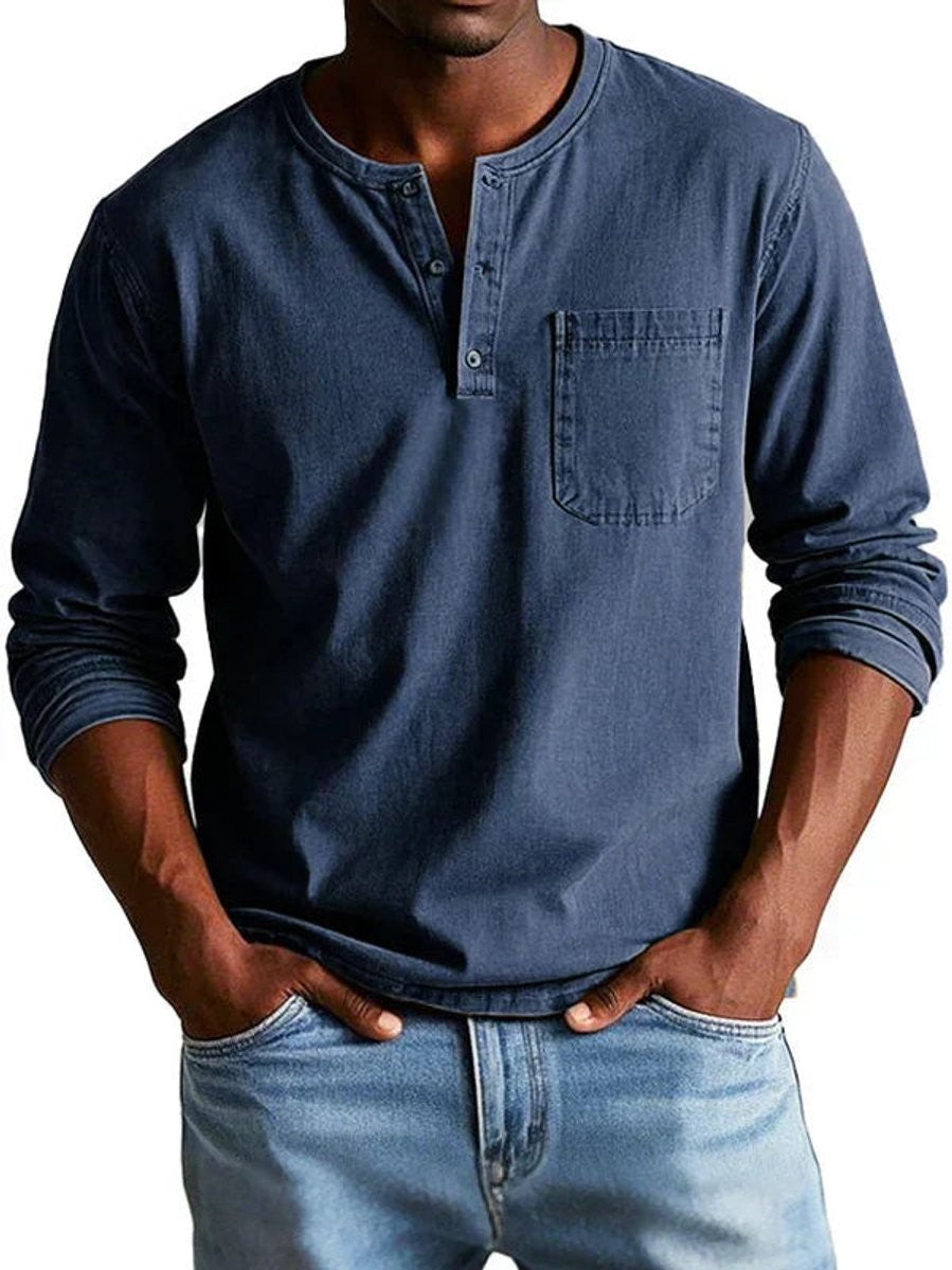 Navy blue Henley long-sleeve shirt with button neckline and patch pocket