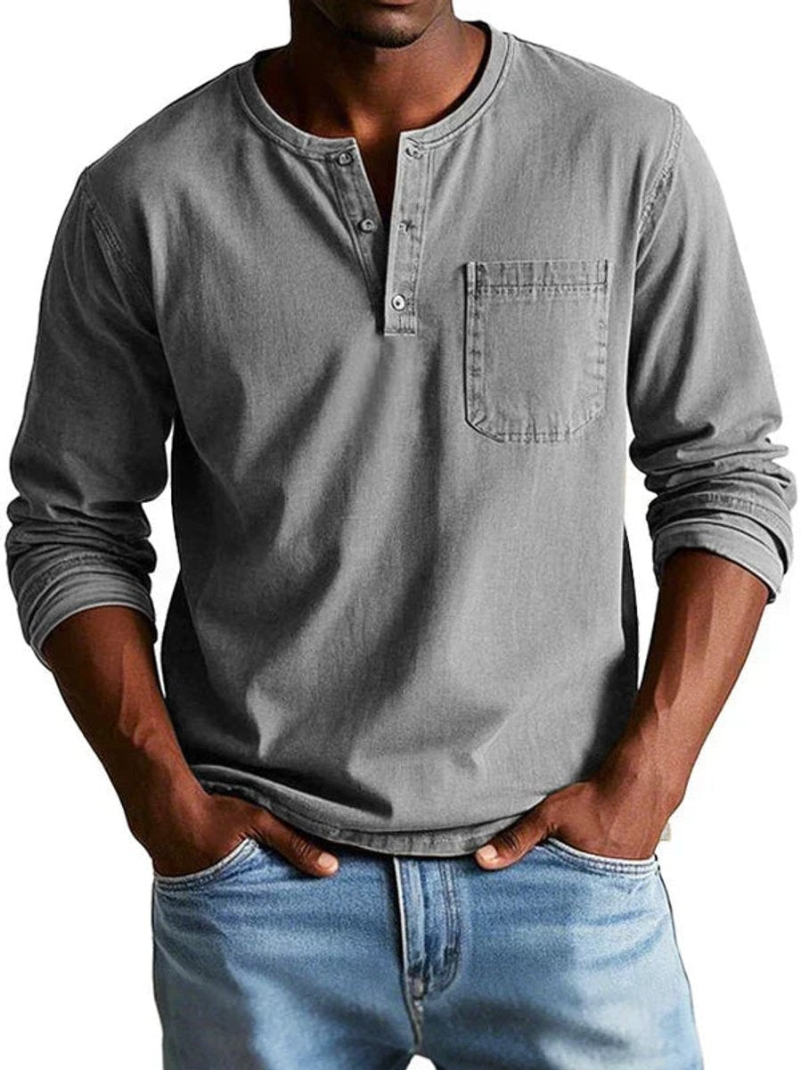 Grey Henley shirt with faded wash and buttoned crew neckline
