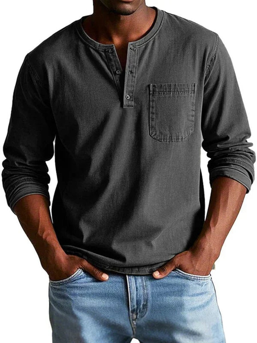 Charcoal grey Henley long-sleeve top with relaxed fit and chest pocket