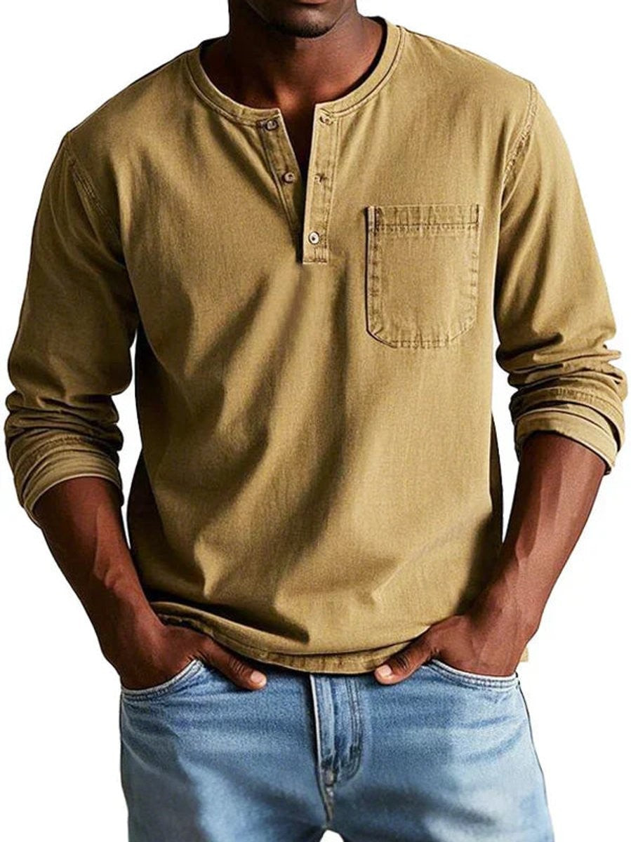 Khaki Henley long-sleeve shirt with round neck and cotton finish