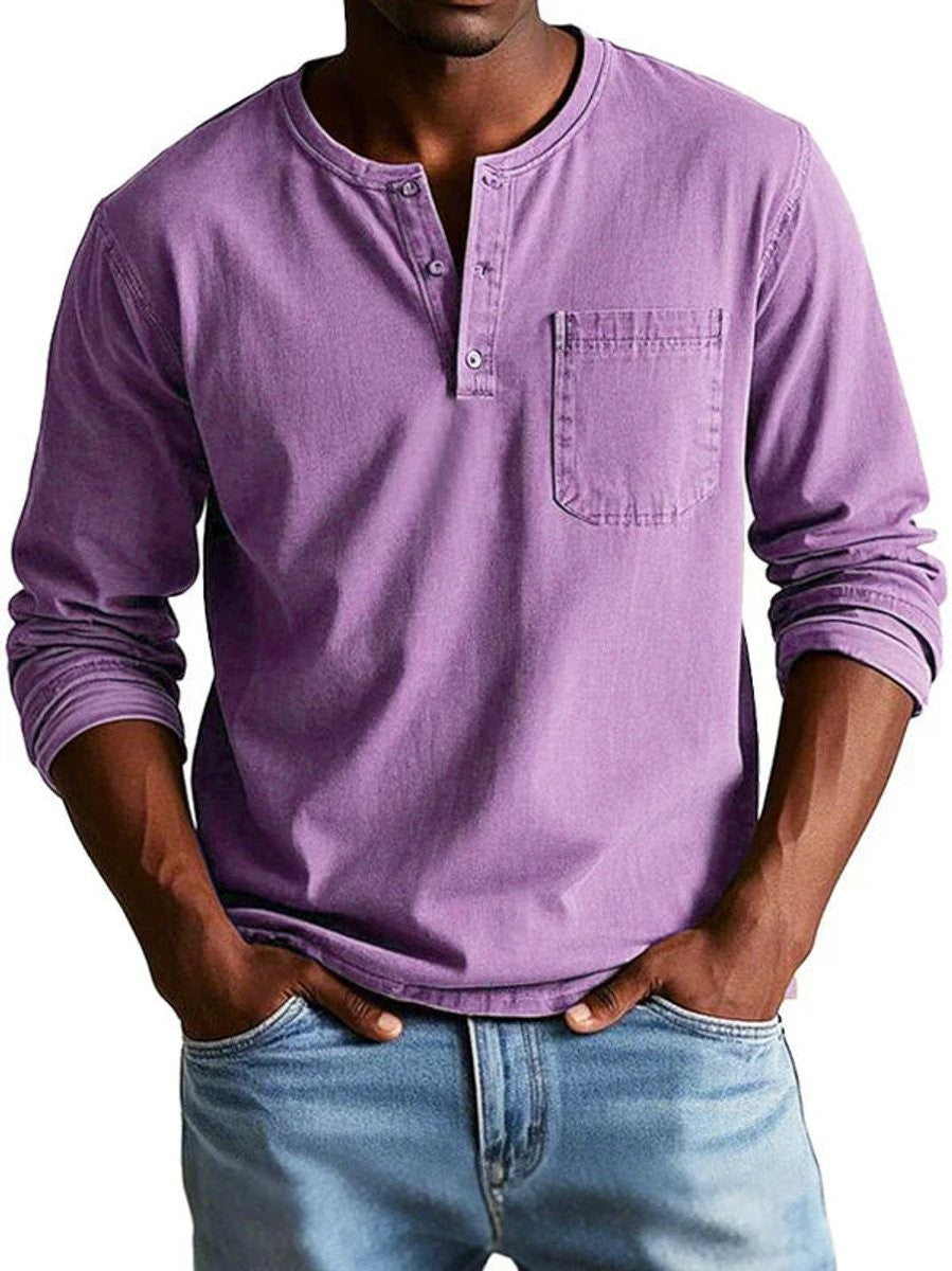 Lilac Henley top featuring buttoned collar and single chest pocket
