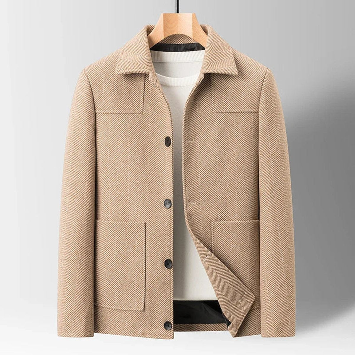 Camel herringbone wool-blend jacket with button-up front and patch pockets
