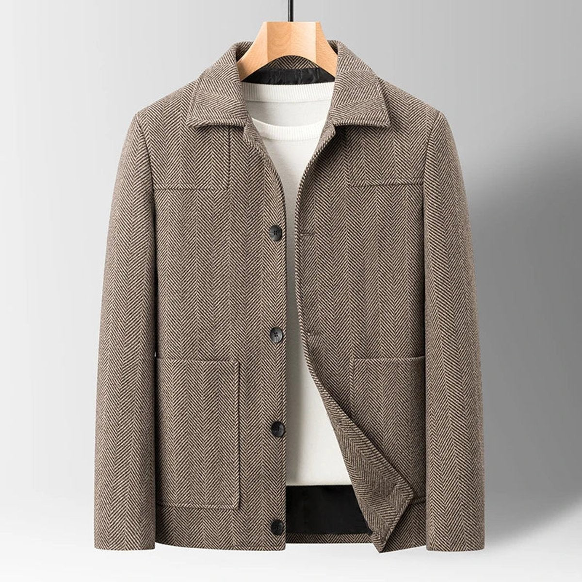 Brown herringbone wool-blend button-up jacket with notched collar and pockets
