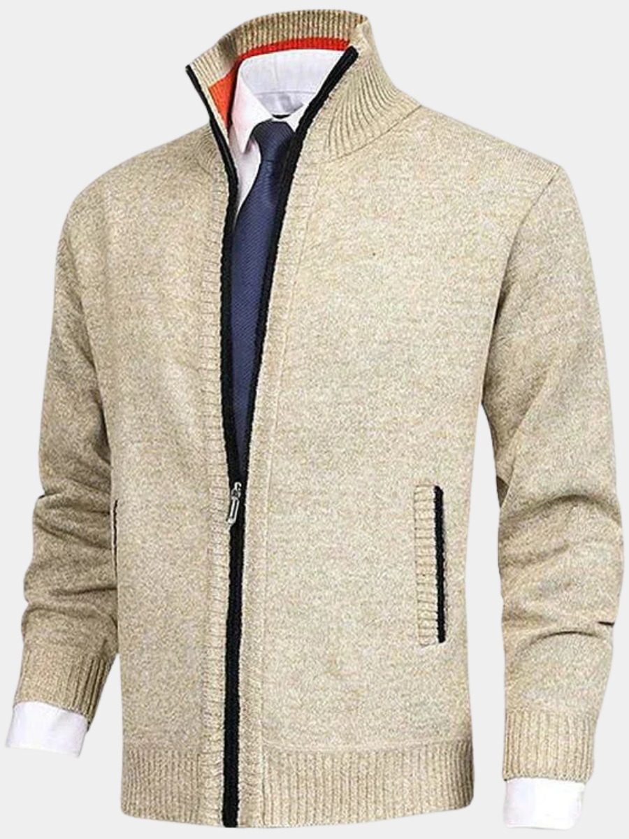 Beige knitted zip-up cardigan with contrast trim and ribbed collar